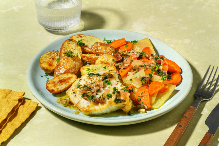 Lieu grillé sauce citron-cerfeuil & navets