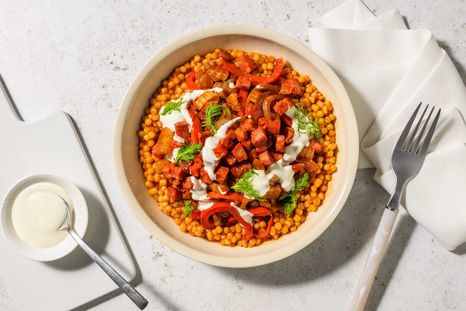 Chorizo, fenouil braisé & couscous perlé