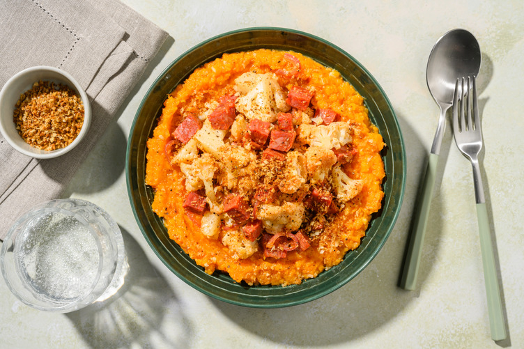 Purée de patate douce garnie de chorizo