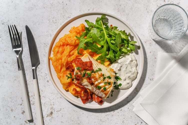 Lieu au paprika, lard & purée de carotte