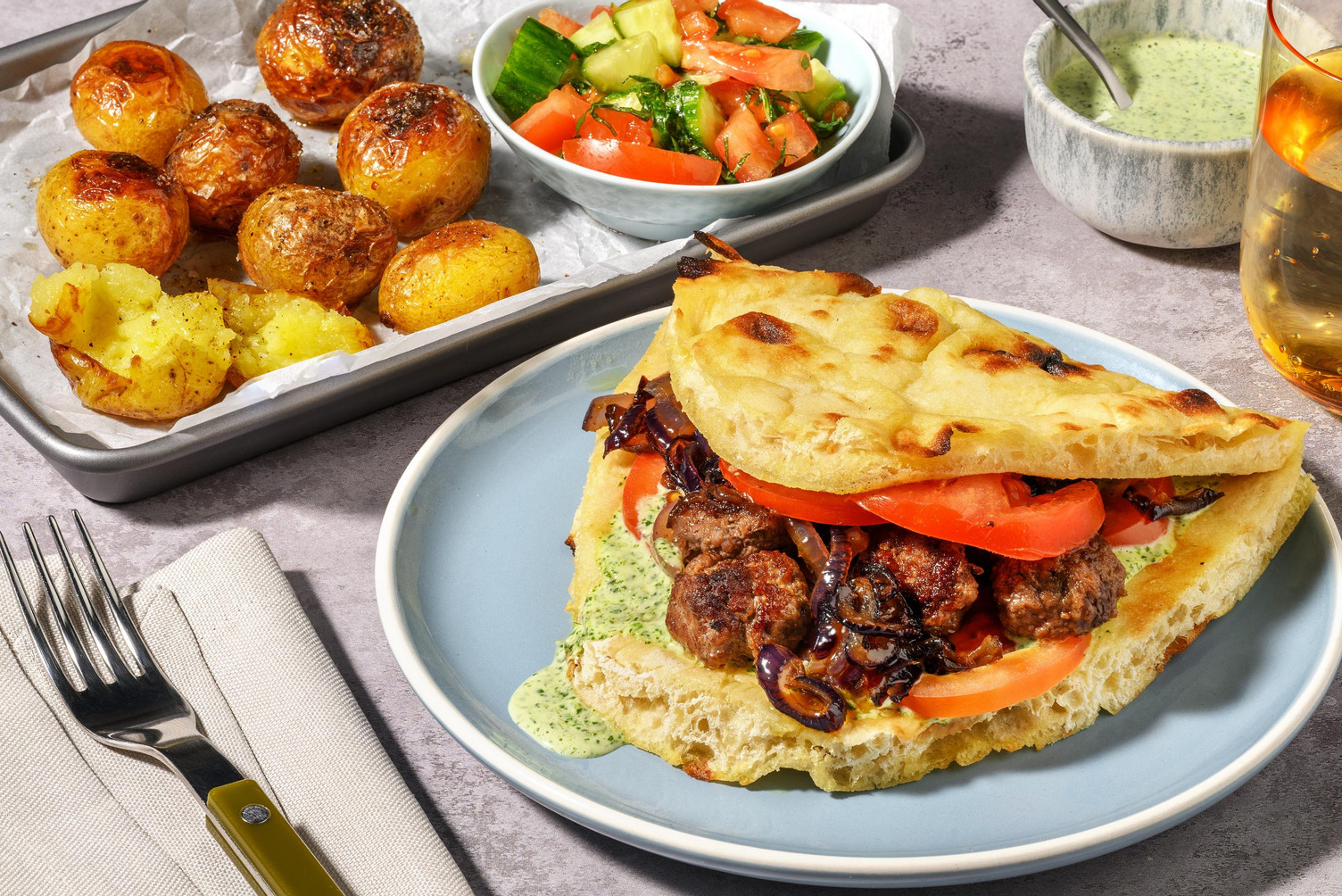Kofta Meatball Naanwich with Spicy Green Sauce