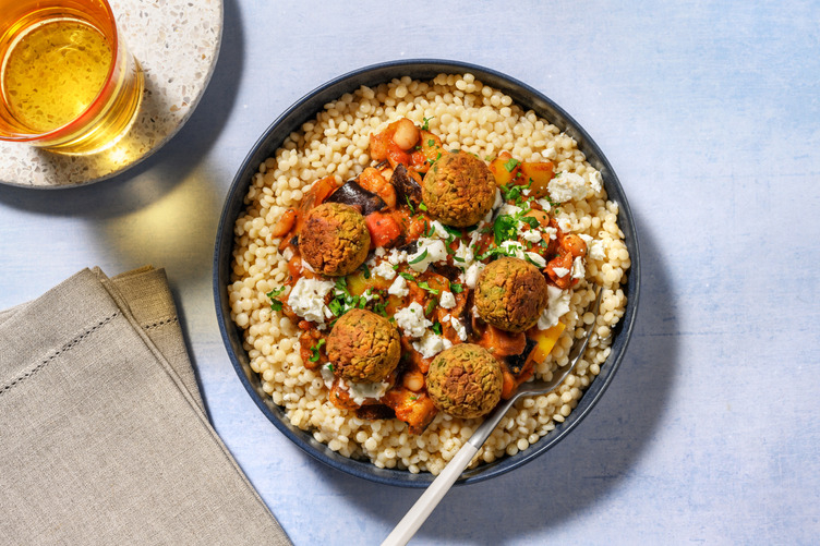 Spiced Aubergine Pearled Couscous Bowl with Falafel