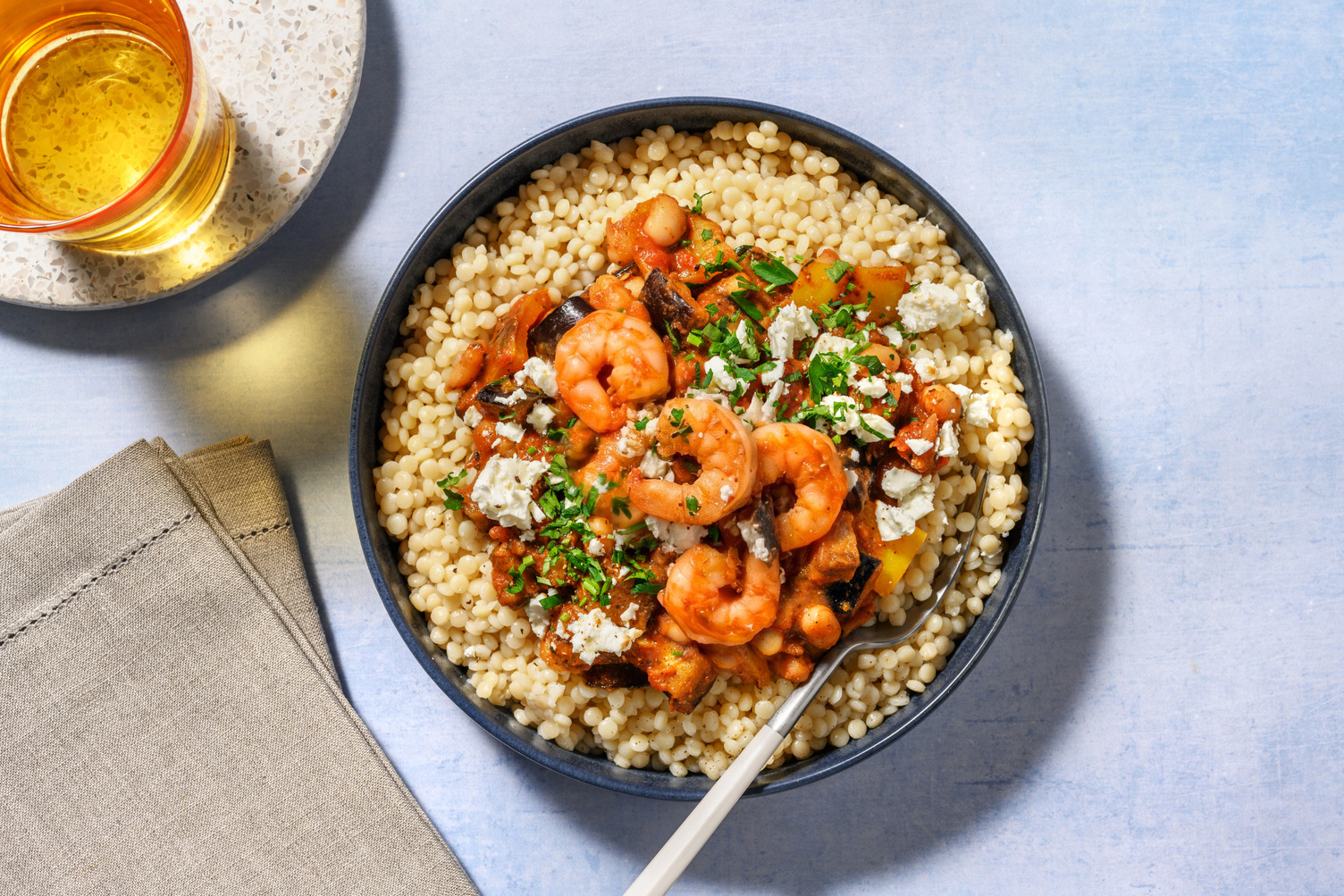 Spiced Aubergine Pearled Couscous Bowl with Prawns