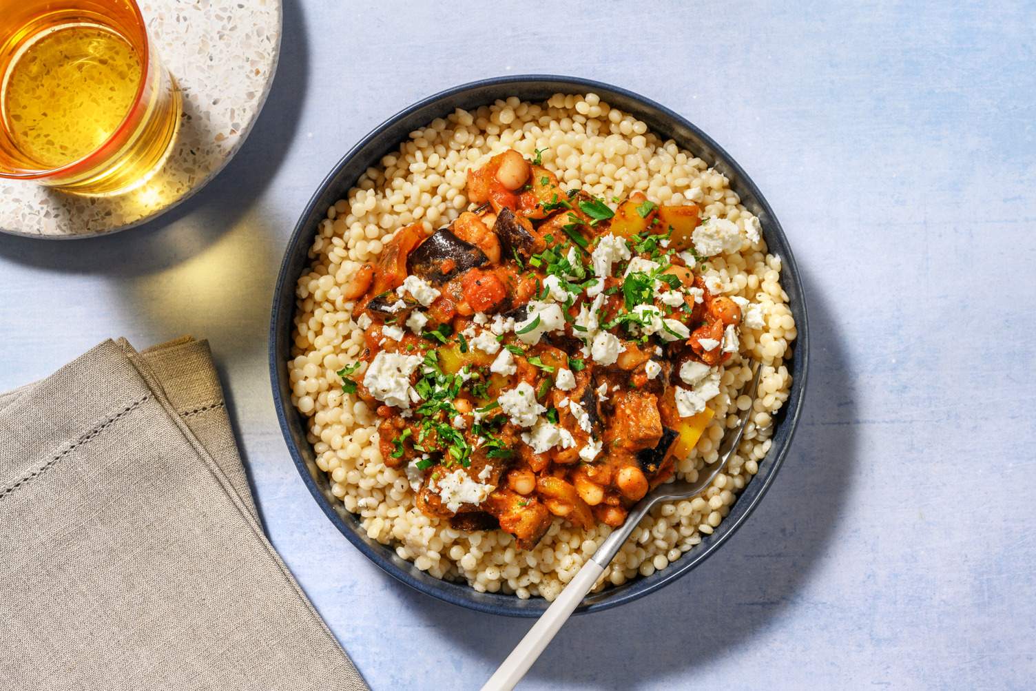 Spiced Aubergine Pearled Couscous Bowl with Prawns