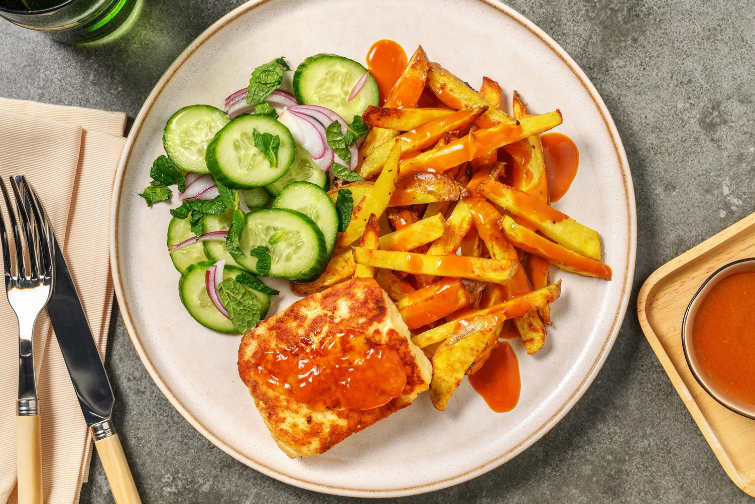 Tandoori Spiced Halloumi Steaks, Chips and Curry Sauce