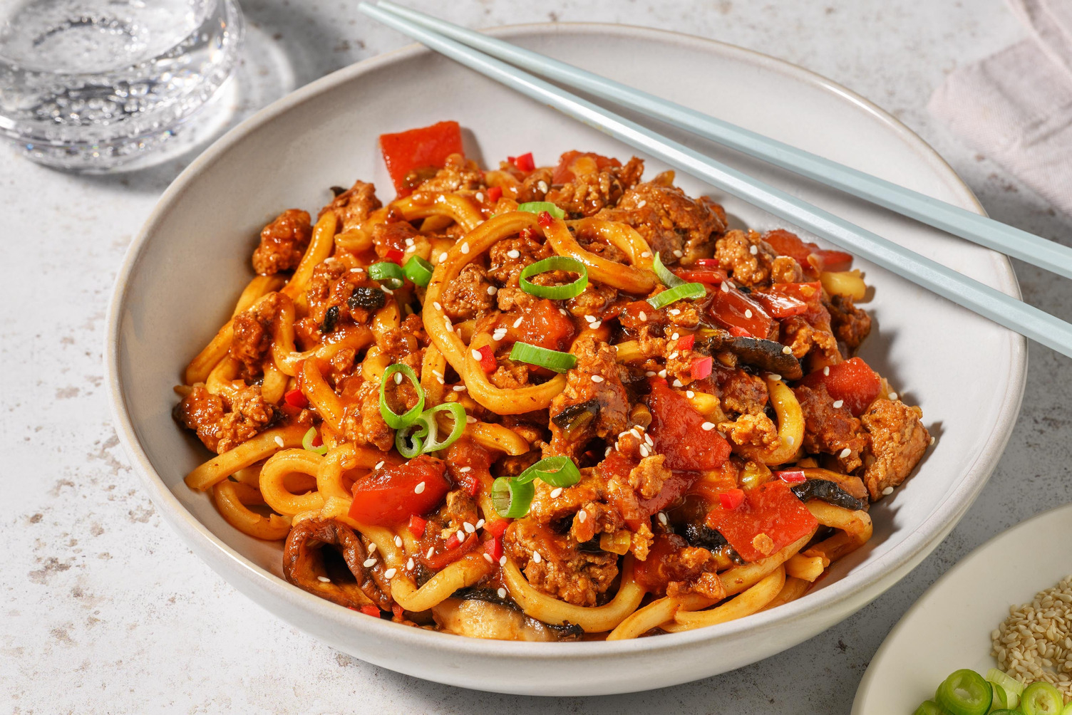 Portobello-Pork Udon with Sesame-Scallion Topping