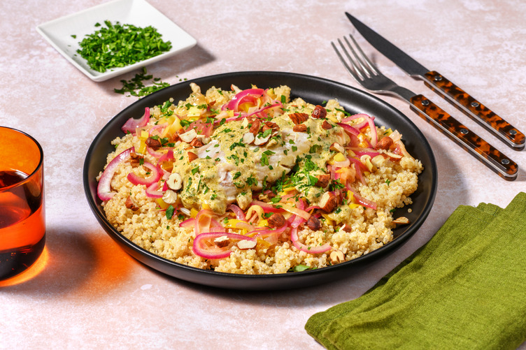 Lieu doré, sauce forestière & quinoa