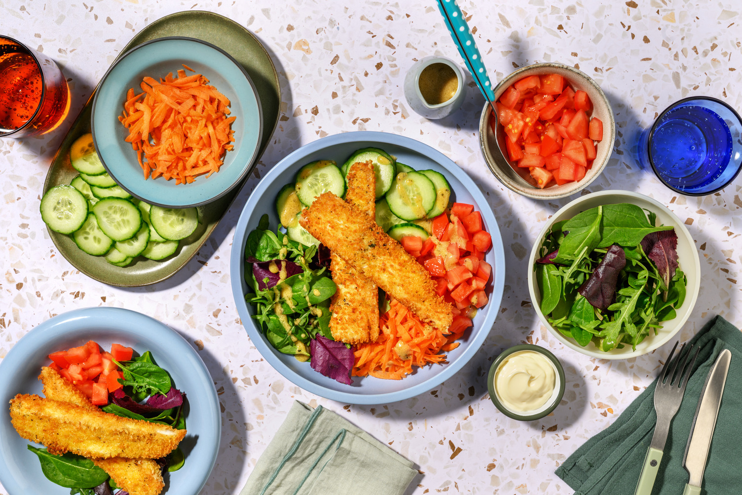 Bowl lieu pané à la provençale & crudités