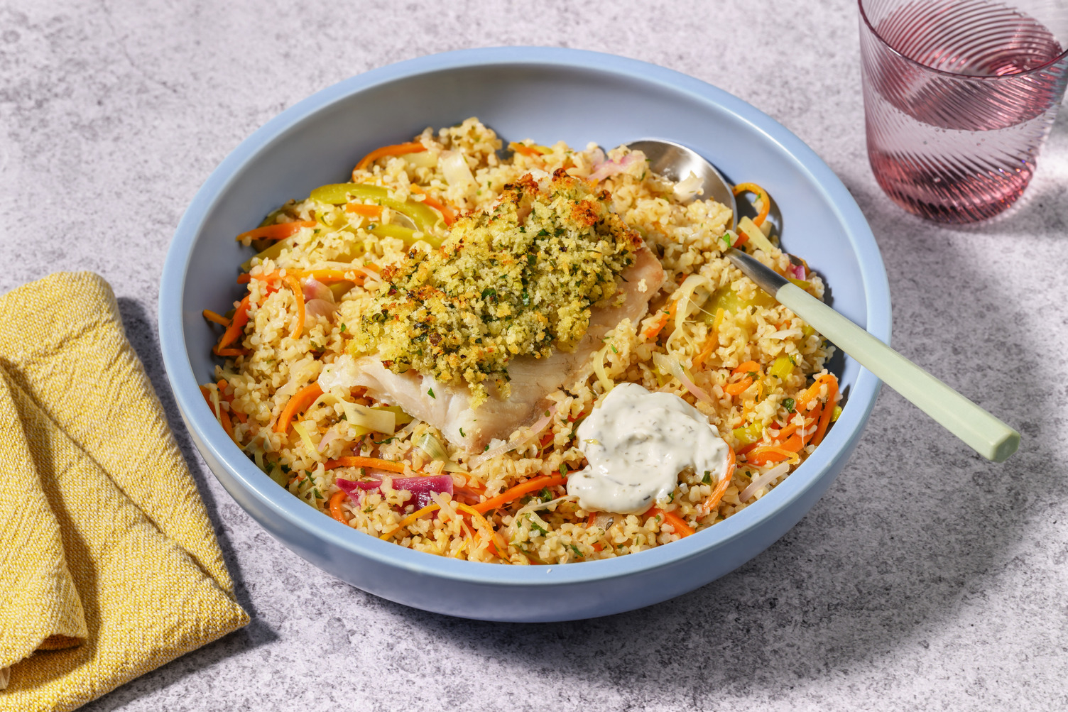 Lieu en croûte persillée & boulgour du soleil