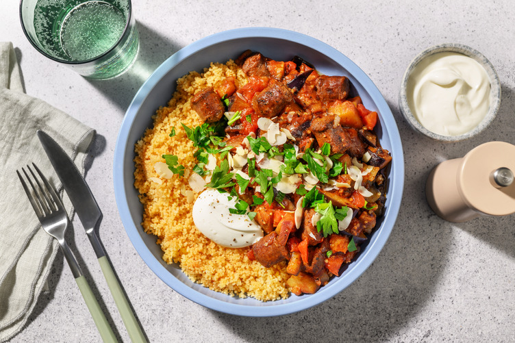 Aubergine braisée, harissa & merguez