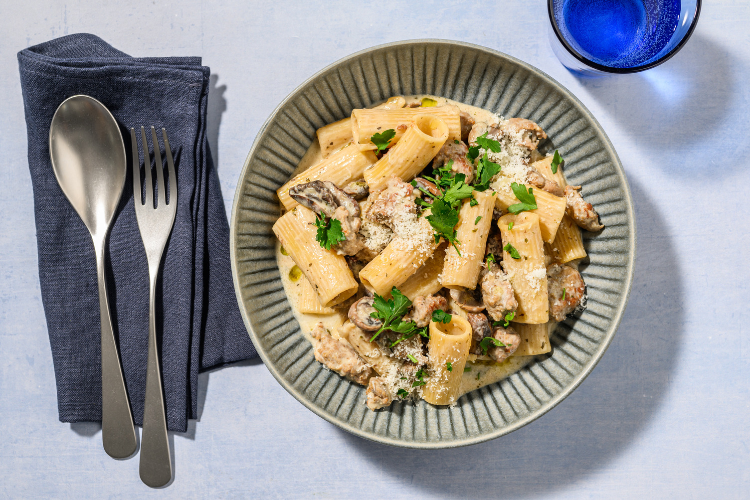 One Pot : fusilli complets, saucisse & champis