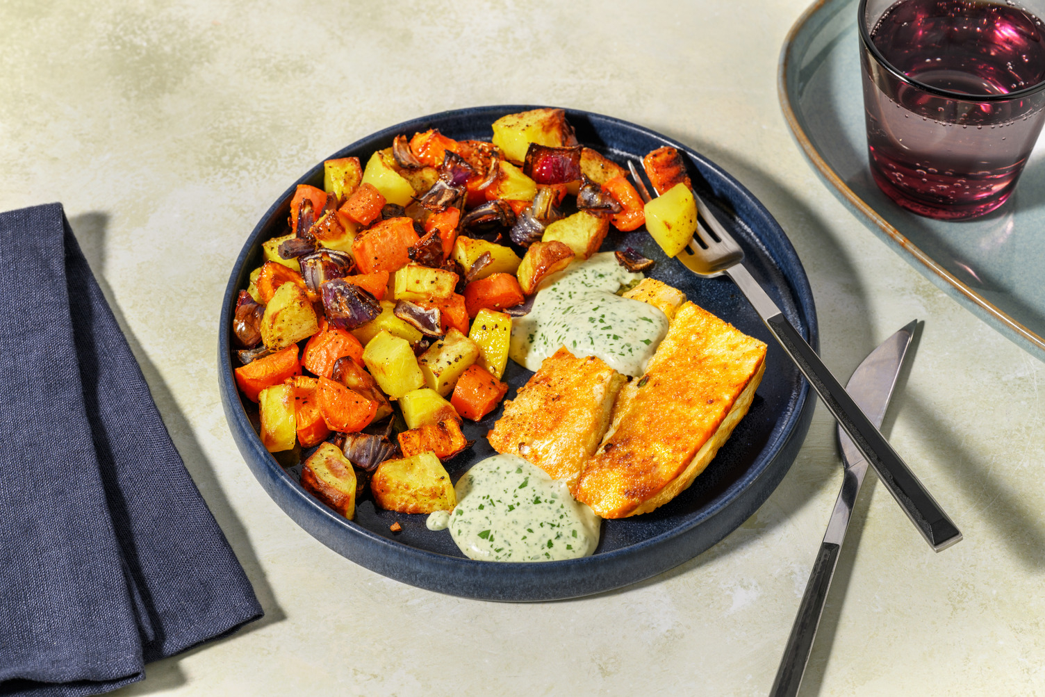 Lieu aux épices à l'africaine & légumes rôtis