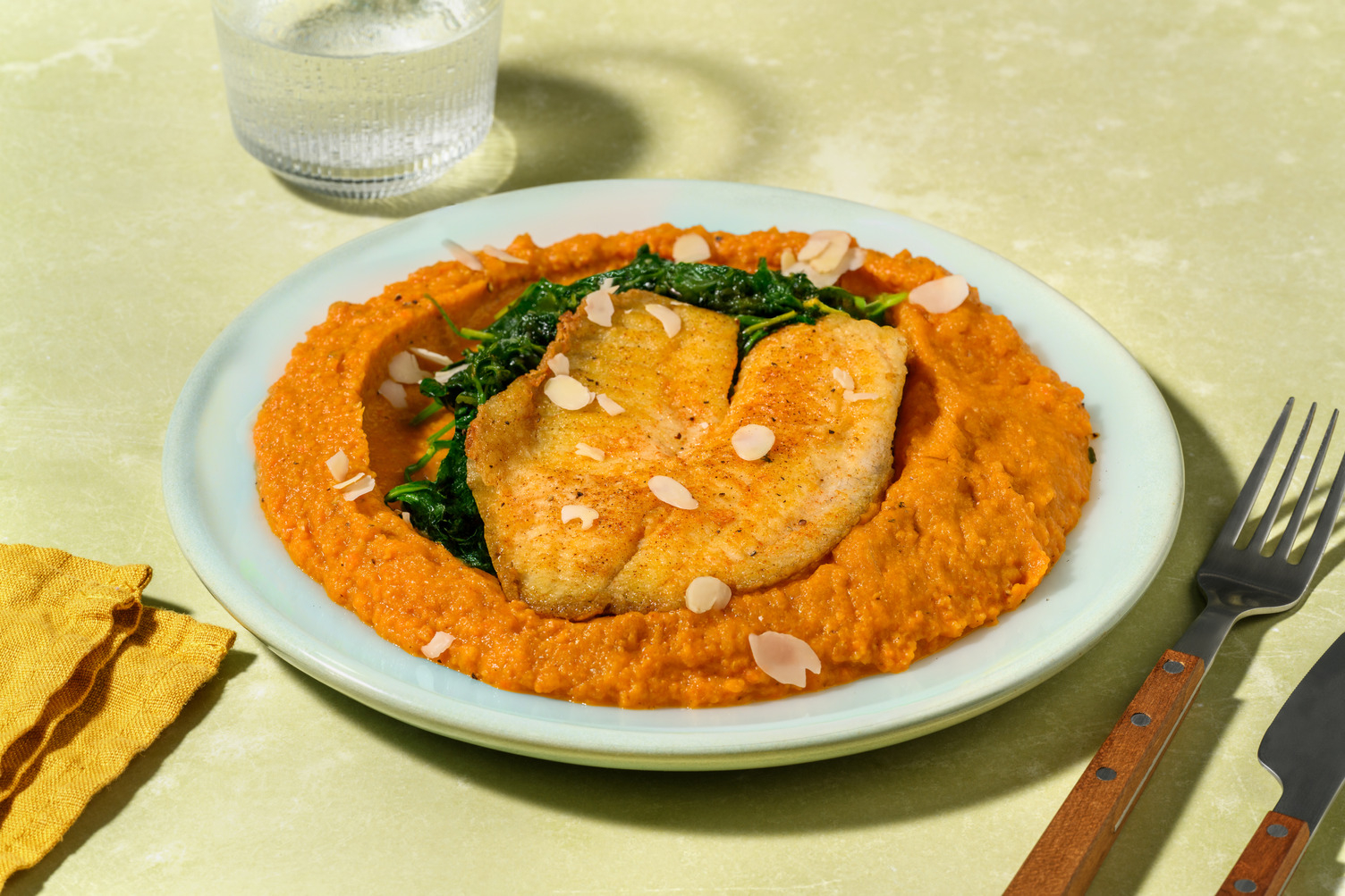 Tilapiafilet à la meunière met wortel-linzenpuree