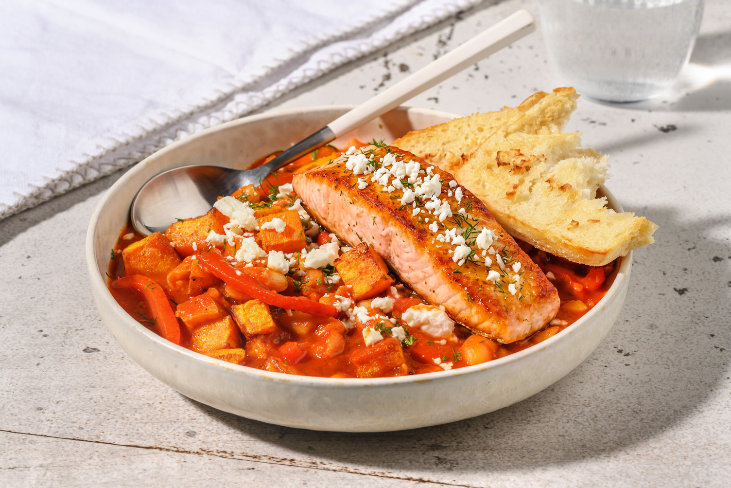 Roasted Salmon and Harissa Sweet Potato, Dill & Butter Beans