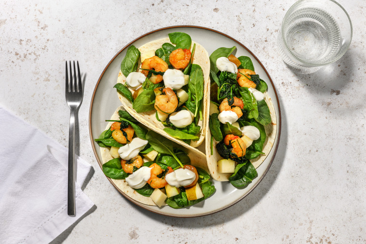 Tacos de langostinos con miel y soja