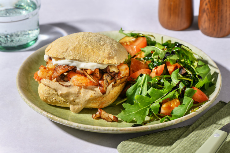 Bocadillo Logroño: langostinos con paté de champiñones