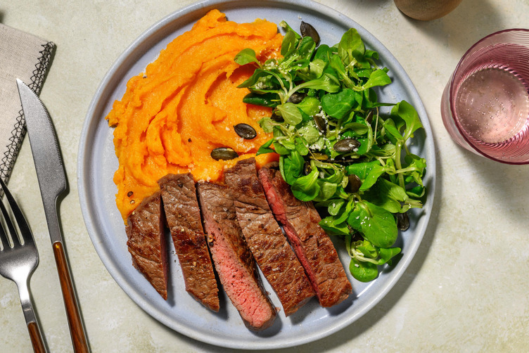 Bistecca di manzo e purè di patata dolce