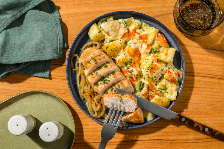 Filet de poulet & gratin de légumes au fromage