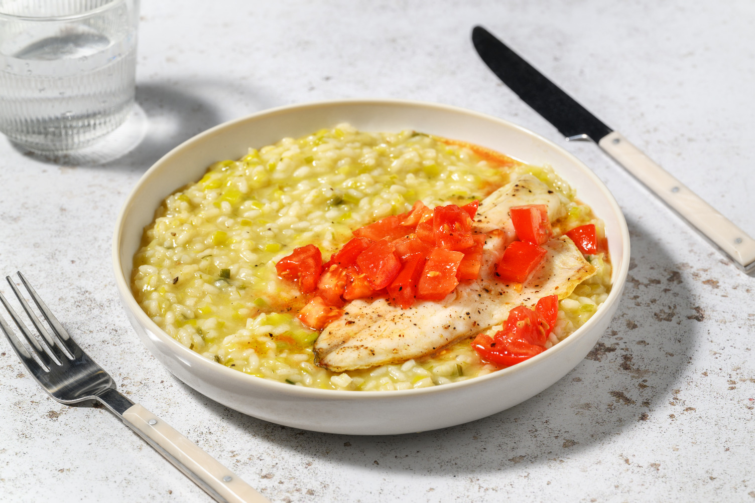 Crispy Sea Bass on Oven-Baked Leek Risotto