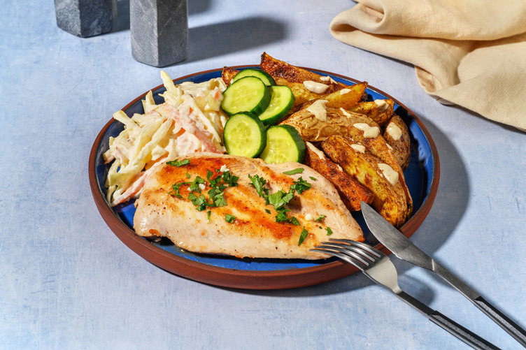 Poulet en sauce ail & fines herbes et slaw