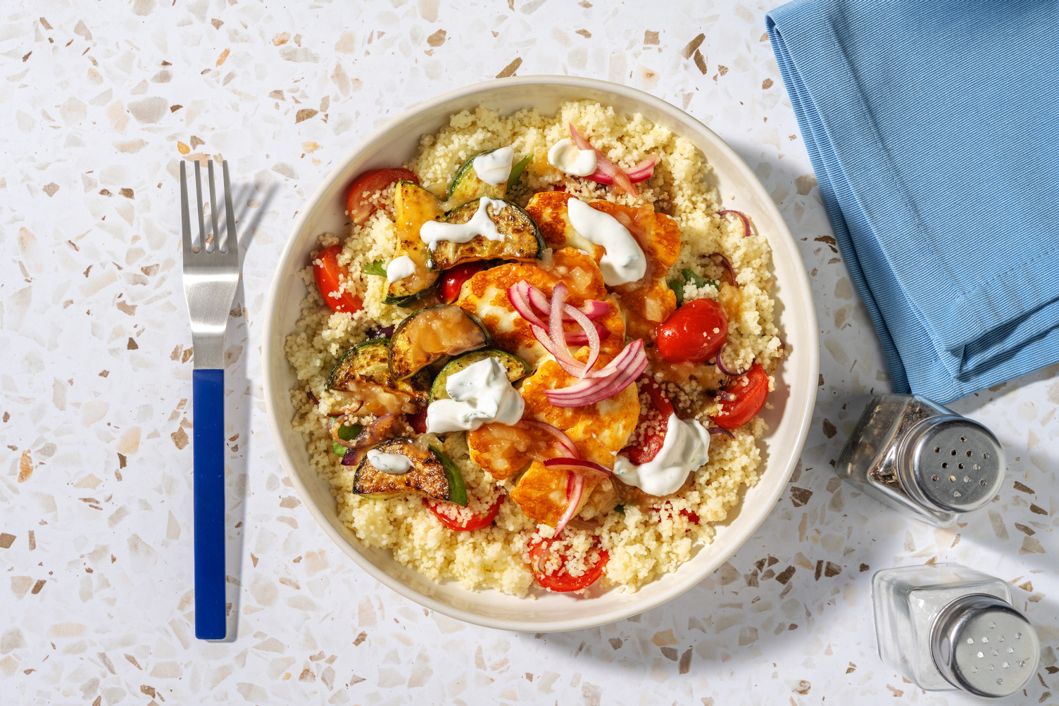 Chermoula Halloumi & Courgette on Couscous 
