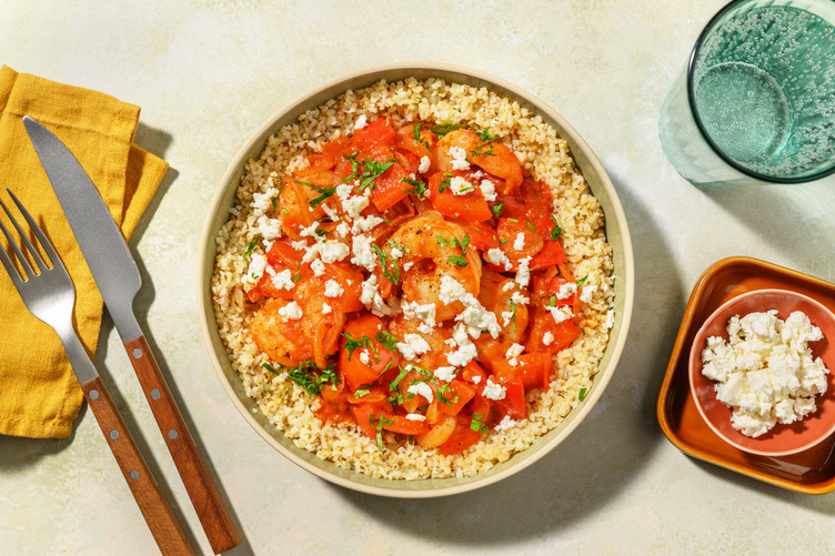 Gamberi saganaki e bulgur