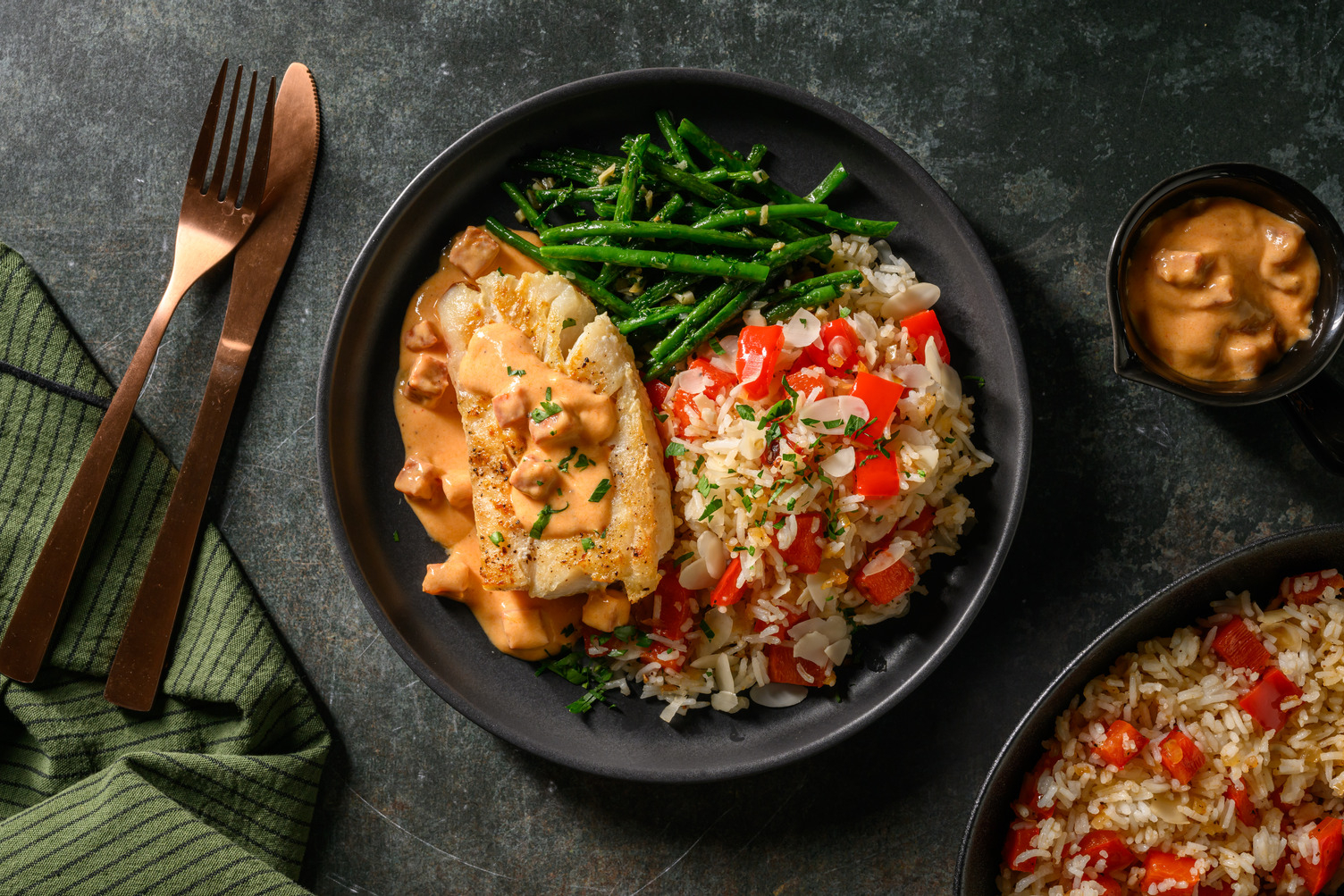 Lieu noir à la crème de chorizo & haricots verts