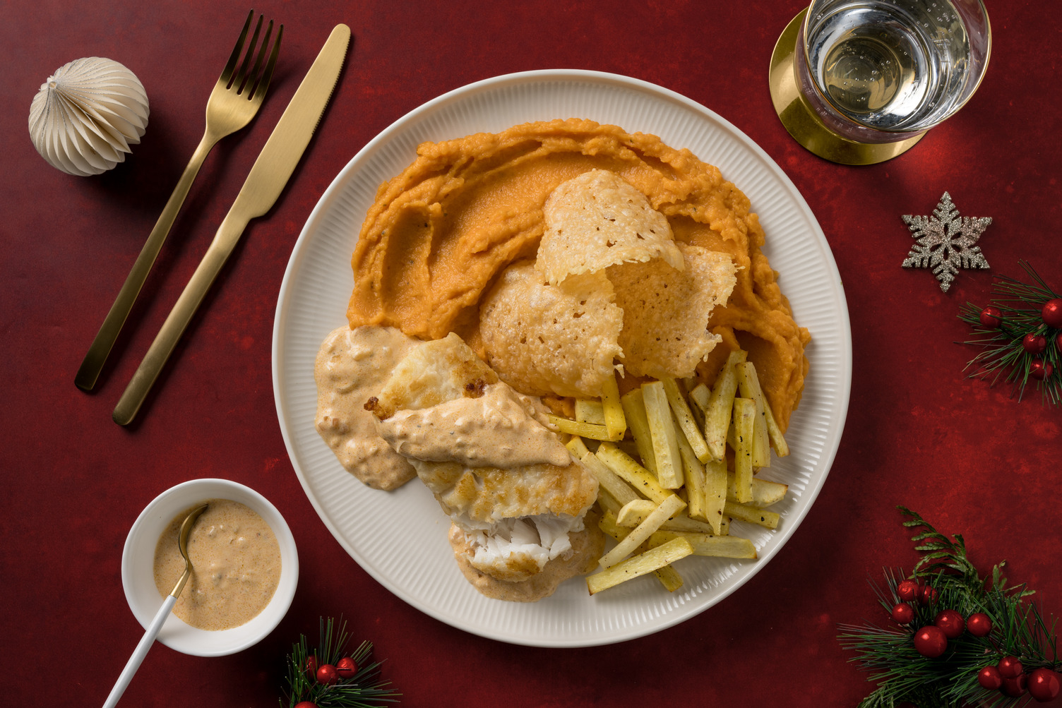 Cabillaud sauce paprika & tuiles de parmesan