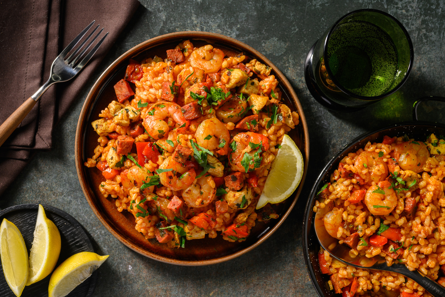 Paëlla terre-mer chorizo, crevettes & poulet