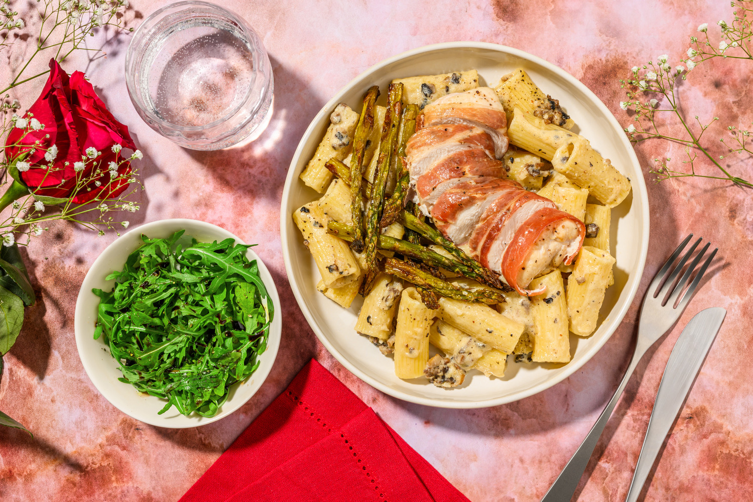 Valentine's Serrano Wrapped Chicken and Truffled Rigatoni