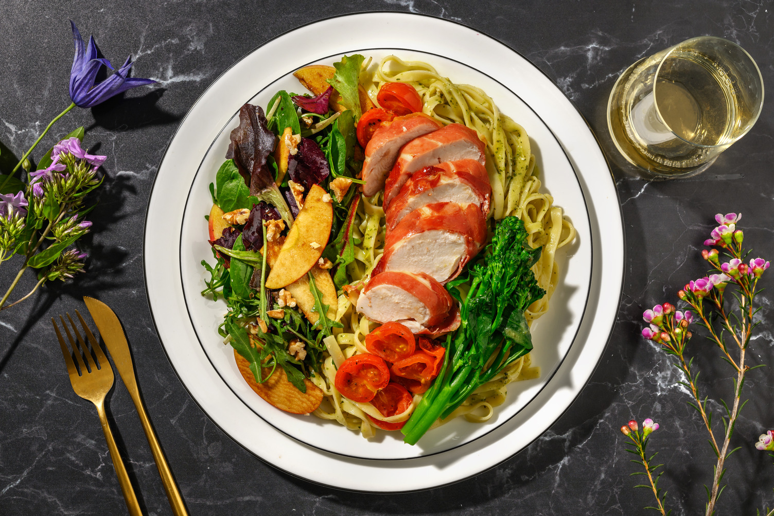 Serrano Ham Wrapped Chicken on Pesto Tagliatelle