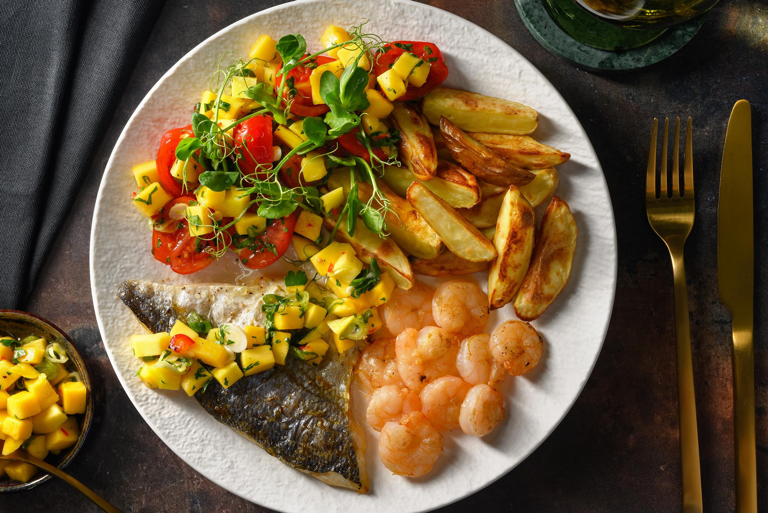 King Prawn Topped Sea Bream and Mango Salsa