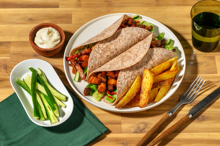 Wraps au porc laqué & wedges de pommes de terre