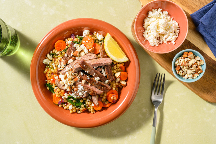 Parelcouscous met entrecote in knoflook