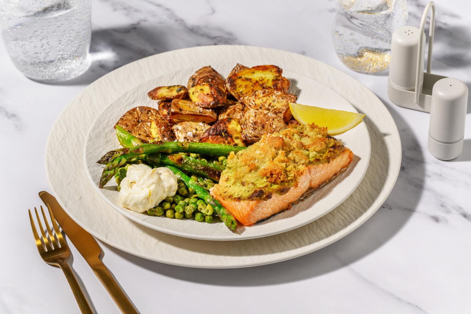Creamy Pesto Baked Salmon and Herby Smashed Potatoes