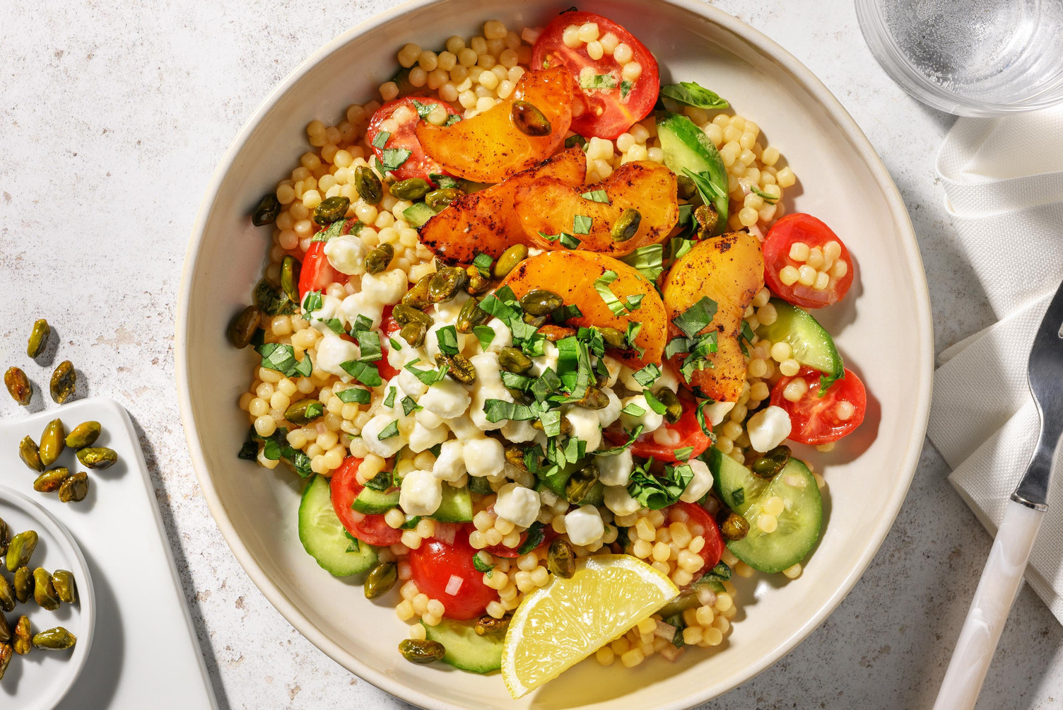 Salade met gegrilde nectarine en honing-geitenkaasbolletjes