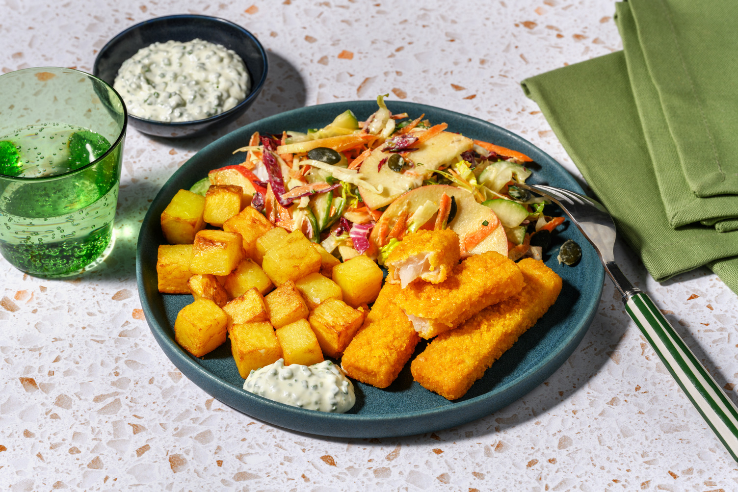 Veggie vissticks met salade met ravigotedressing