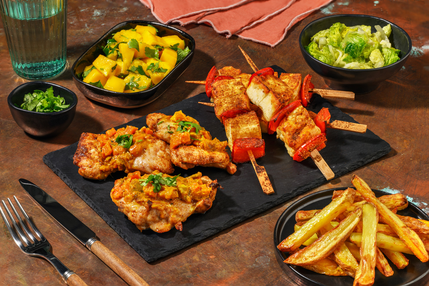 Peri Peri Halloumi Skewers and Sticky Chicken