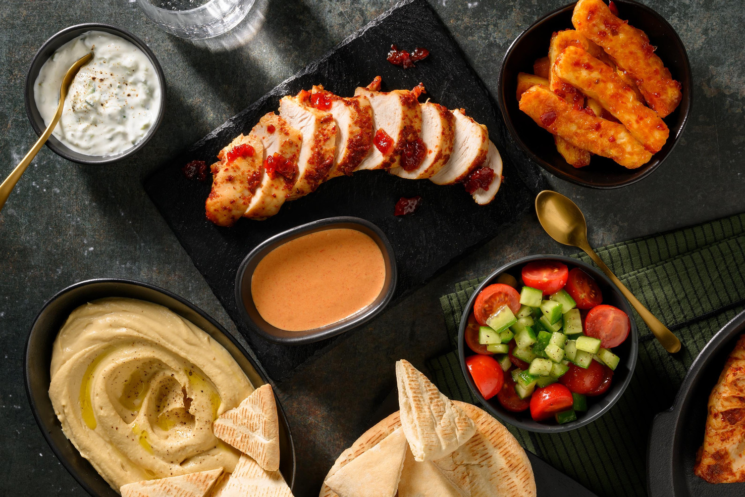 Mezze Style Harissa Chicken and Flatbread Dipping Platter