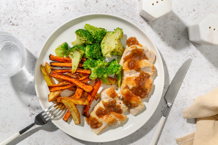 Poulet poêlé, sauce à l'échalote & brocoli