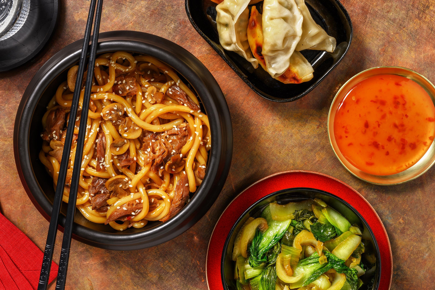 Hoisin Pulled Duck Udon and Sweet Chilli Gyozas