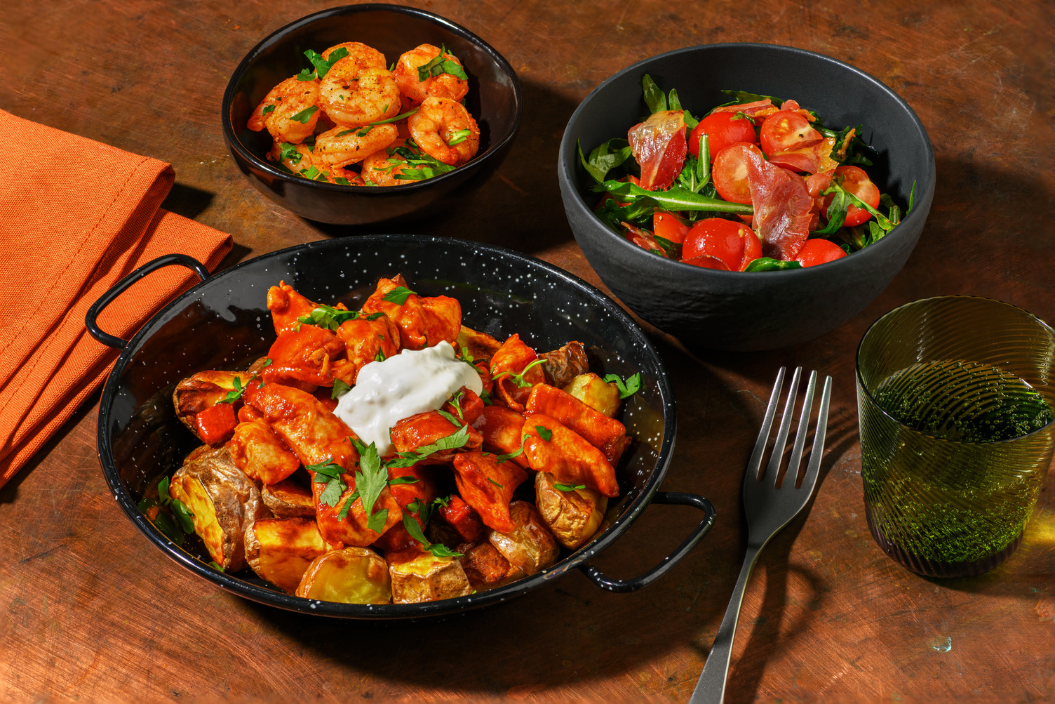 Gambas Pil Pil, Smoky Bravas Chicken and Chorizo Tapas Feast