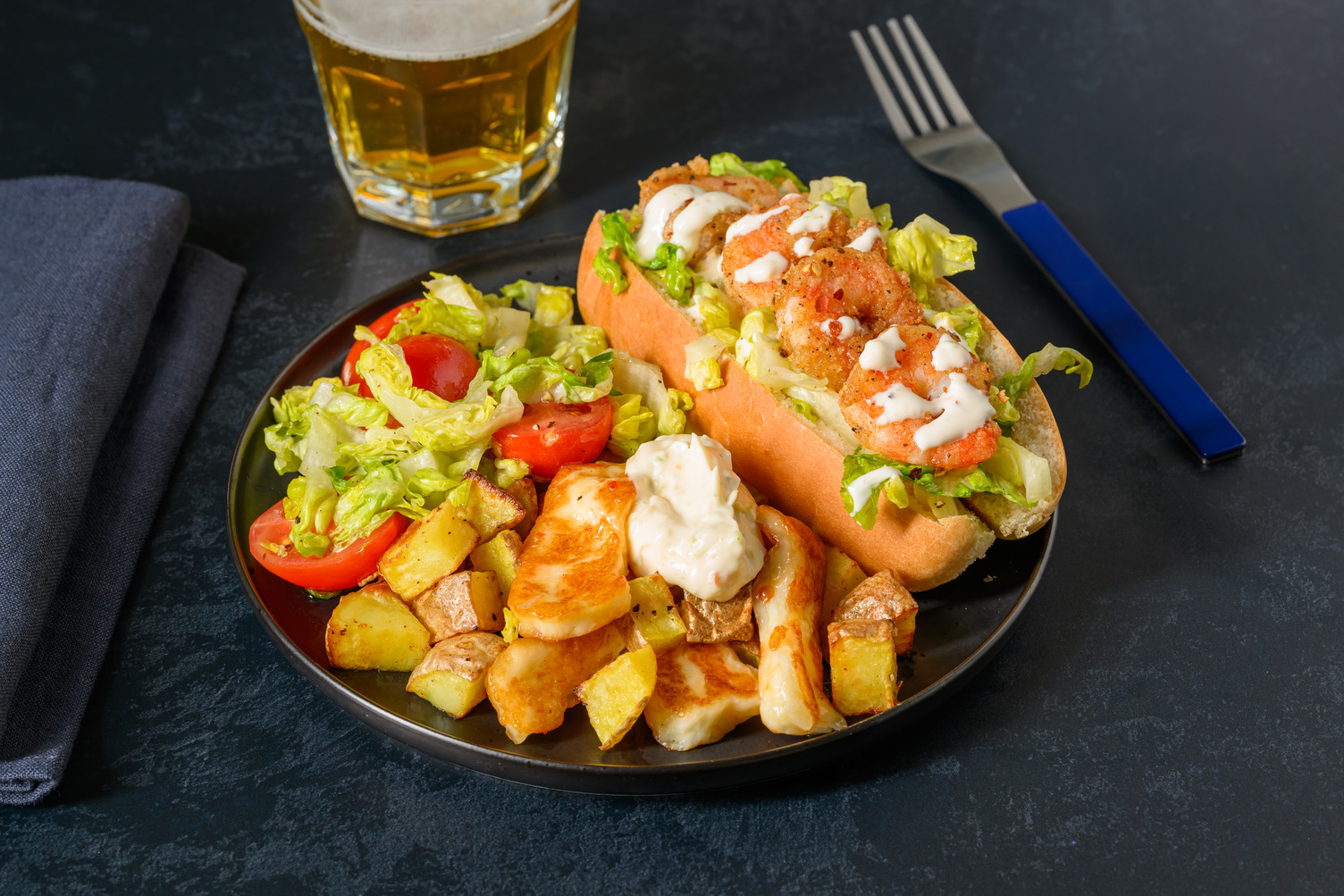 Cajun Prawn Po' Boy and Sweet Chilli Halloumi Fries