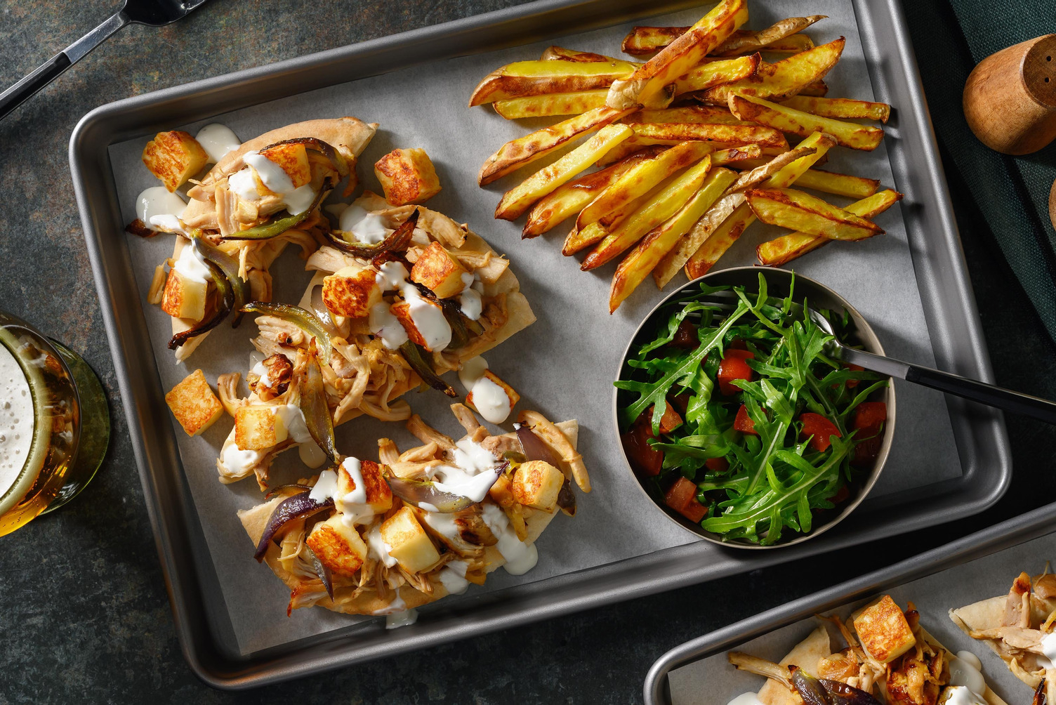Chermoula Chicken Flatbreads and Halloumi Fries