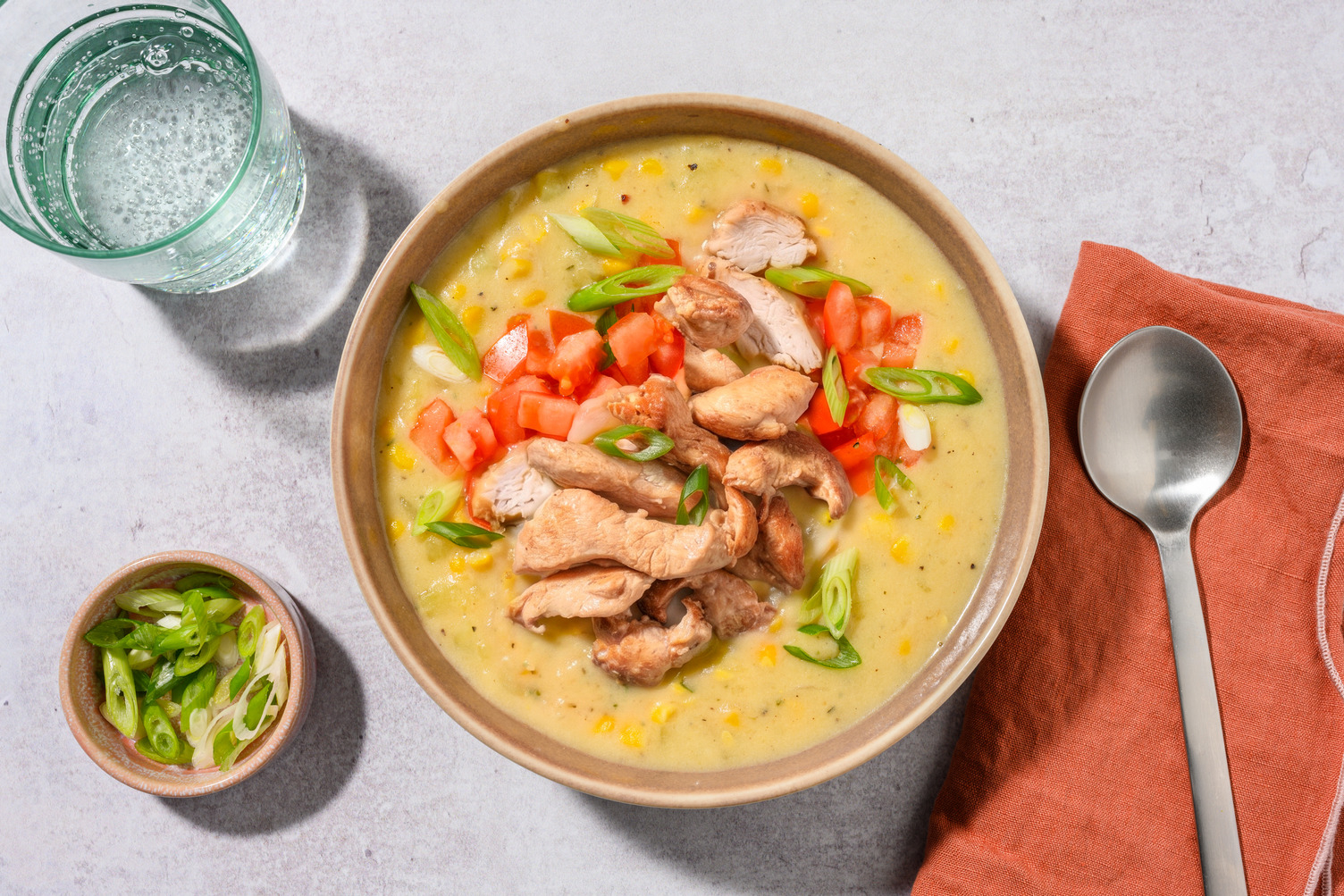 Corn Chowder mit Bio-Hähnchenschenkel