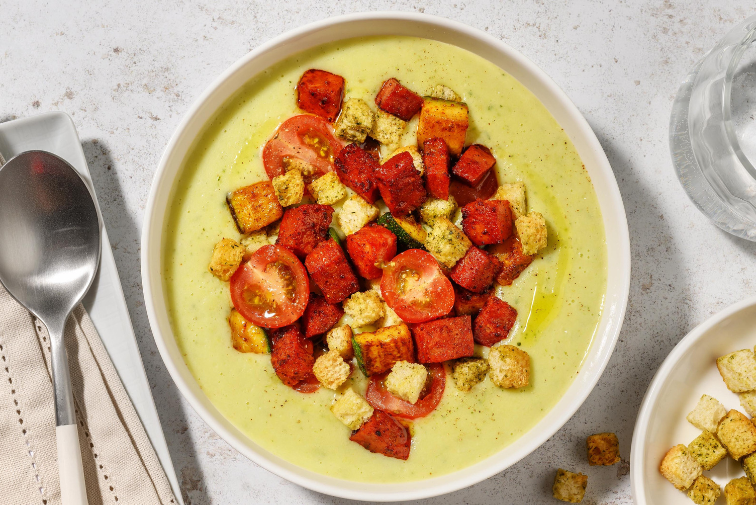 Cremige Zucchini-Suppe mit Chorizo