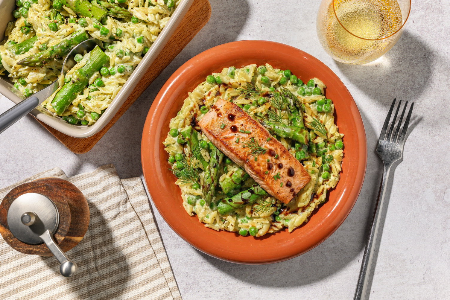 Clean Machine Super Green Pesto Salmon Orzo