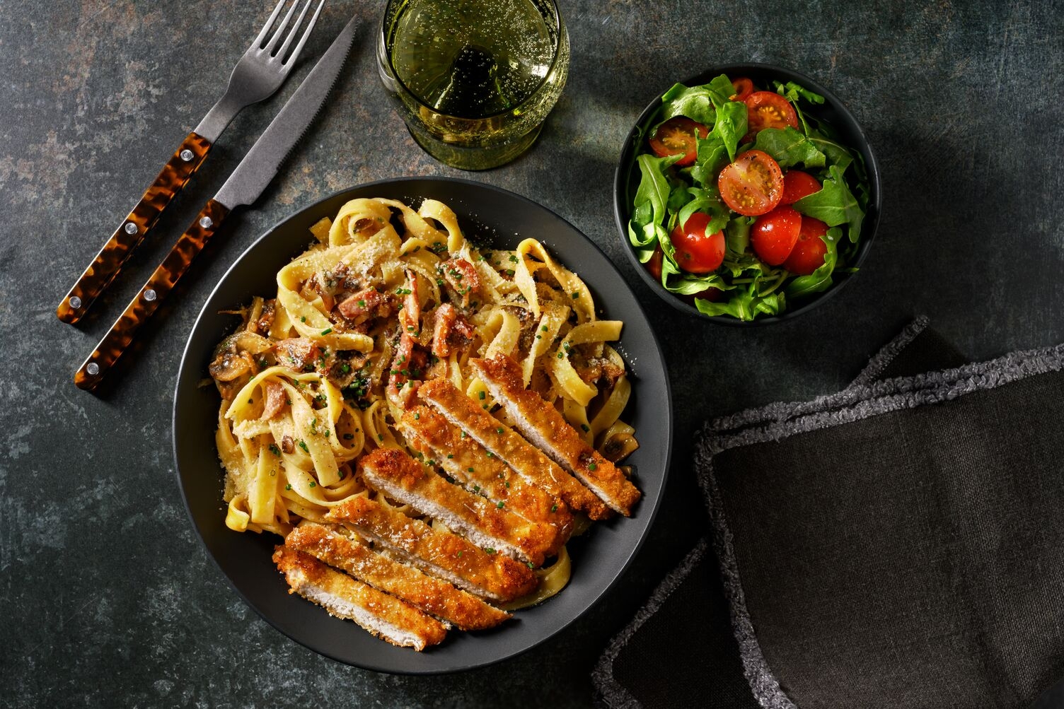 Crispy Pork Schnitzel and Creamy Bacon Linguine
