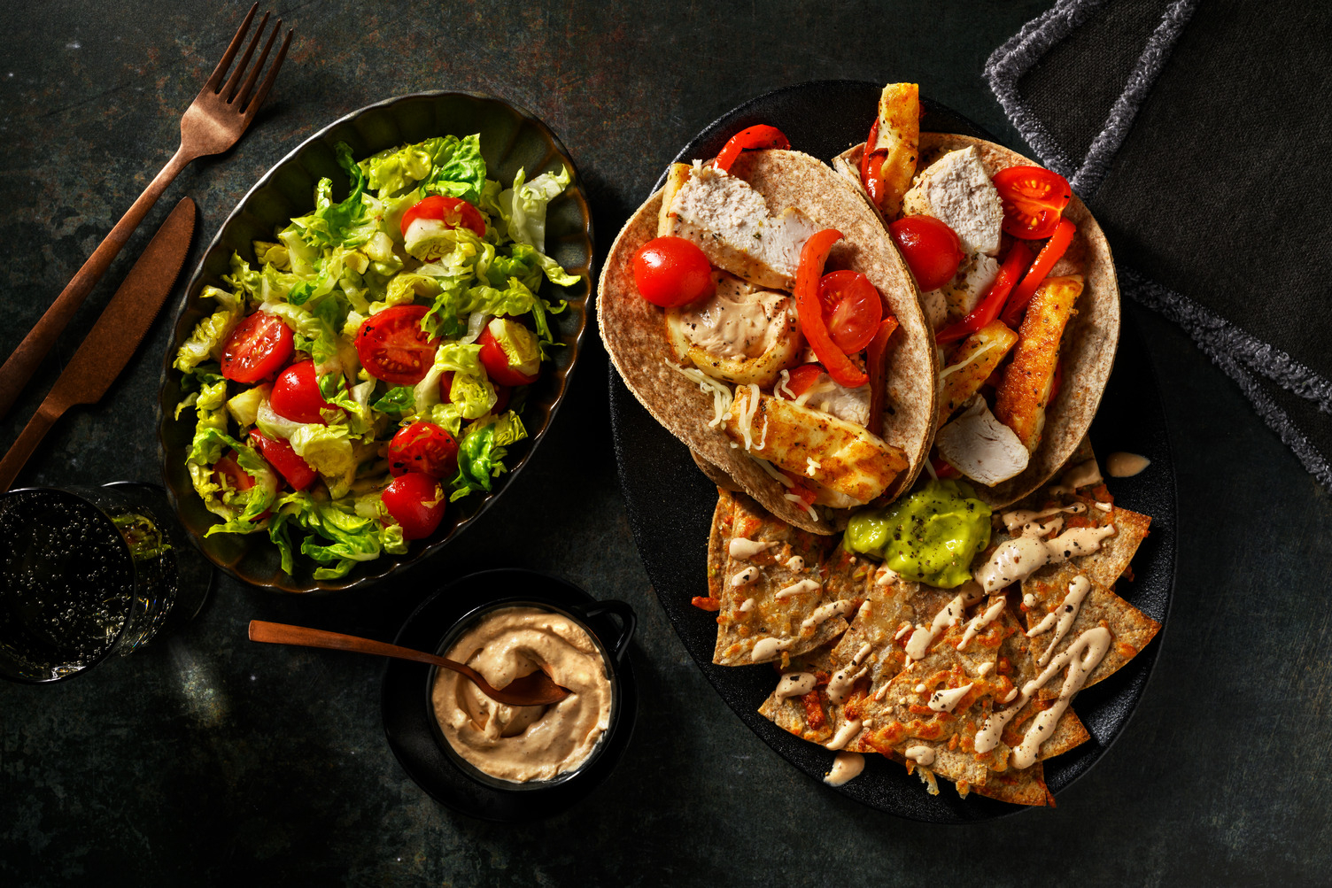 Halloumi-Chicken Fajitas and Cheesy Nachos