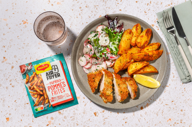 Kräuterschnitzel und Kartoffeln mit MAGGI Fix Air Fryer Paprika Pommes